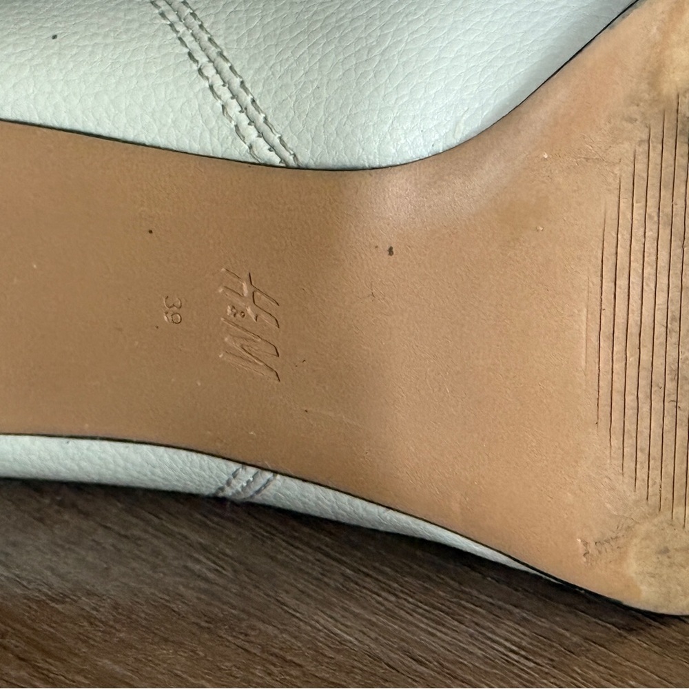 Cream knee high heel boots with rounded toe and wide calf - Picture 8 of 9